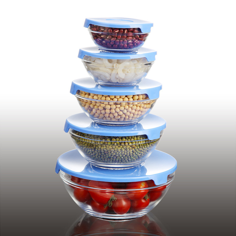 Fresh-Keeping Bowl Five-Piece Set Square Glass Bowl with Lid