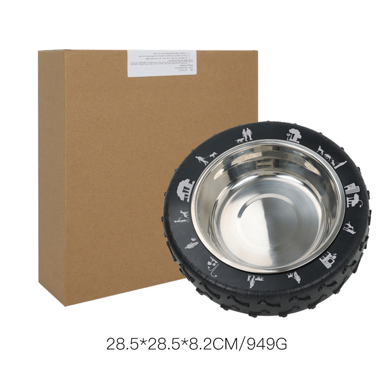 Rubber Tyre Design Dog Bowls Stainless Steel Pet Food Water Dog Bowl Portable Travel Tire Shaped Dog Bowl
