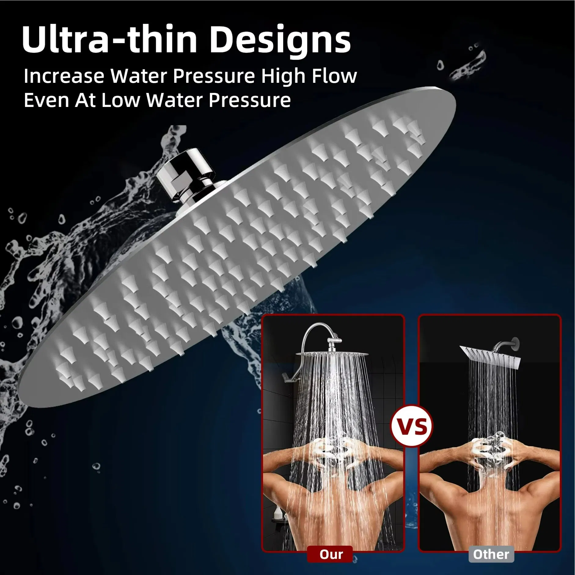 8-Inch Rain High Pressure 304 Stainless Steel Luxury Waterfall Shower Head Massage Wall Mount