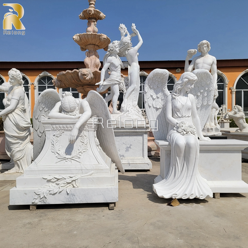Hot Sale White Marble Stone Cemetery Weeping Angel Tombstone Memorial Angel Headstone