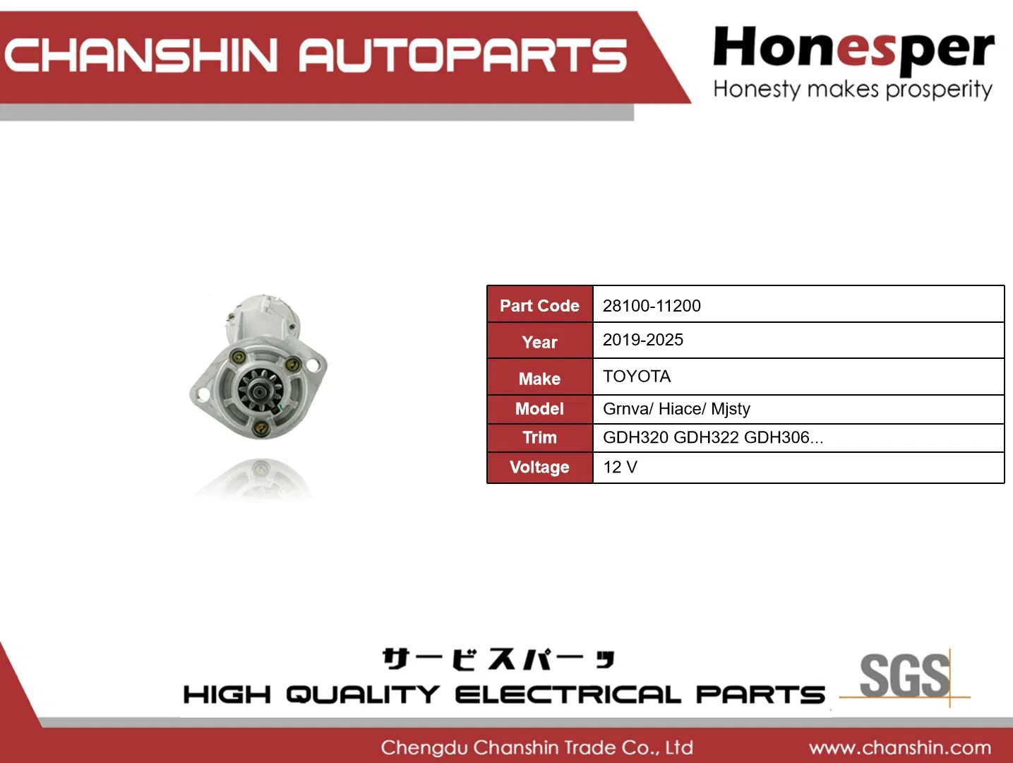 Стартер двигателя 12V для Toyota Hiace 2019-2025 (28100-11200)