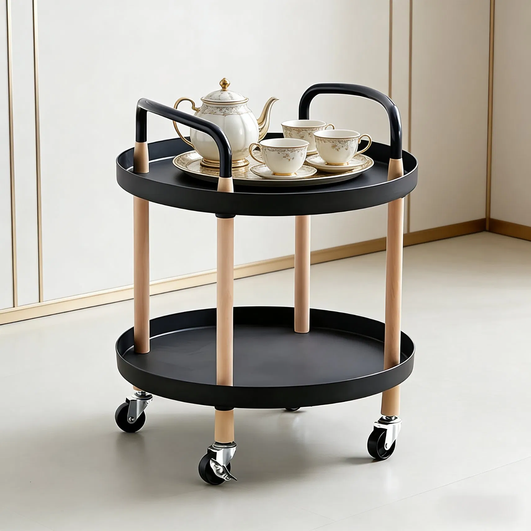 Colorful Wood OEM Trolley Rolling Utility Cart Display Shelf Multi-Layer Rack