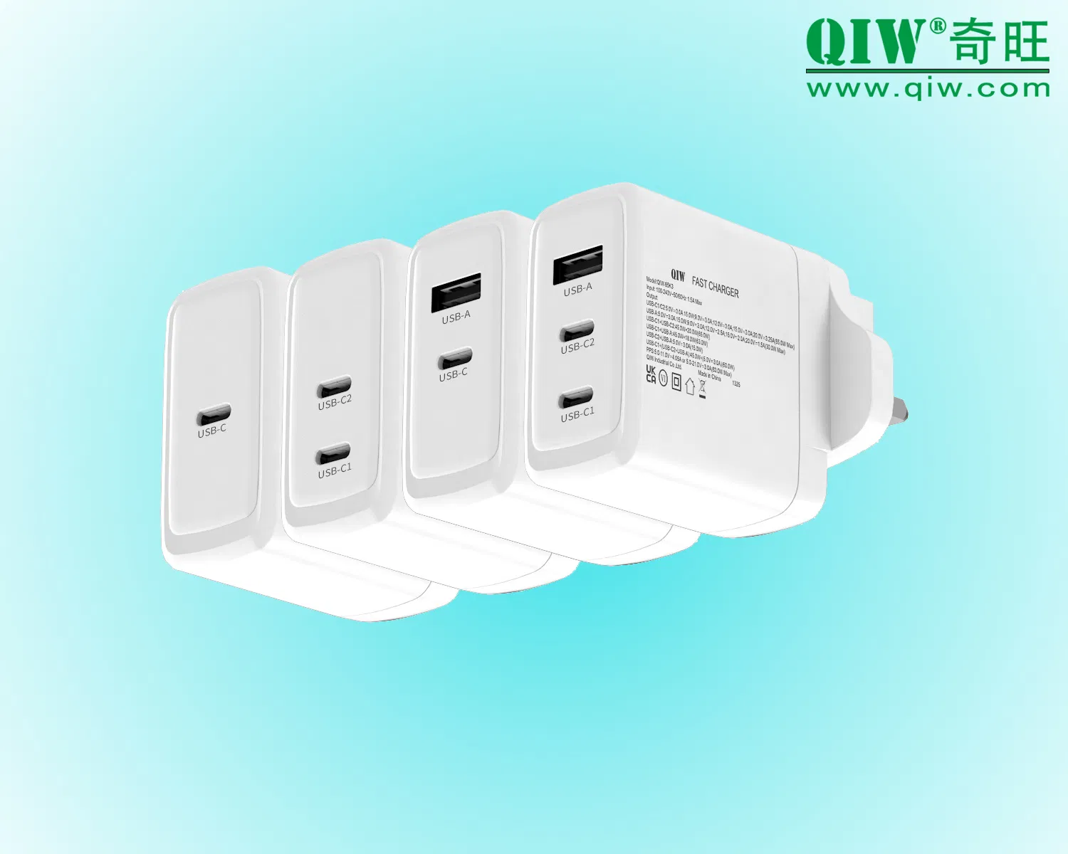 Qiw 45W 65W GaN Pd PPS Fast Charger Interchangeable Travel AC DC Power Adapter ETL cETL PSE FCC CE GS Ukca Rcm SAA Kc CCC Bsmi Us/EU/UK/Au/Kr Replaceable Plug