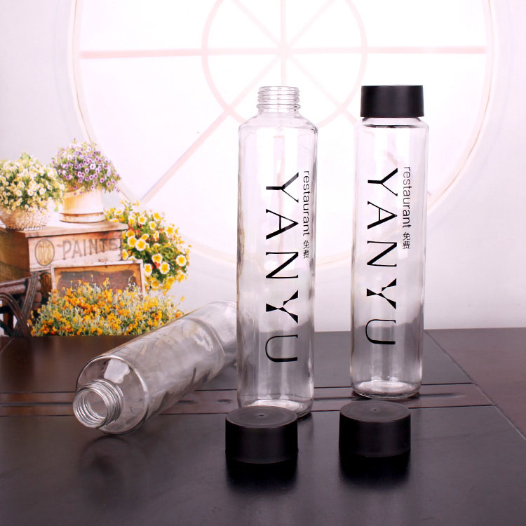 Wholesale Custom Logo Empty 800ml Round Shaped Sports Glass Water Bottle with Black Screw Cap