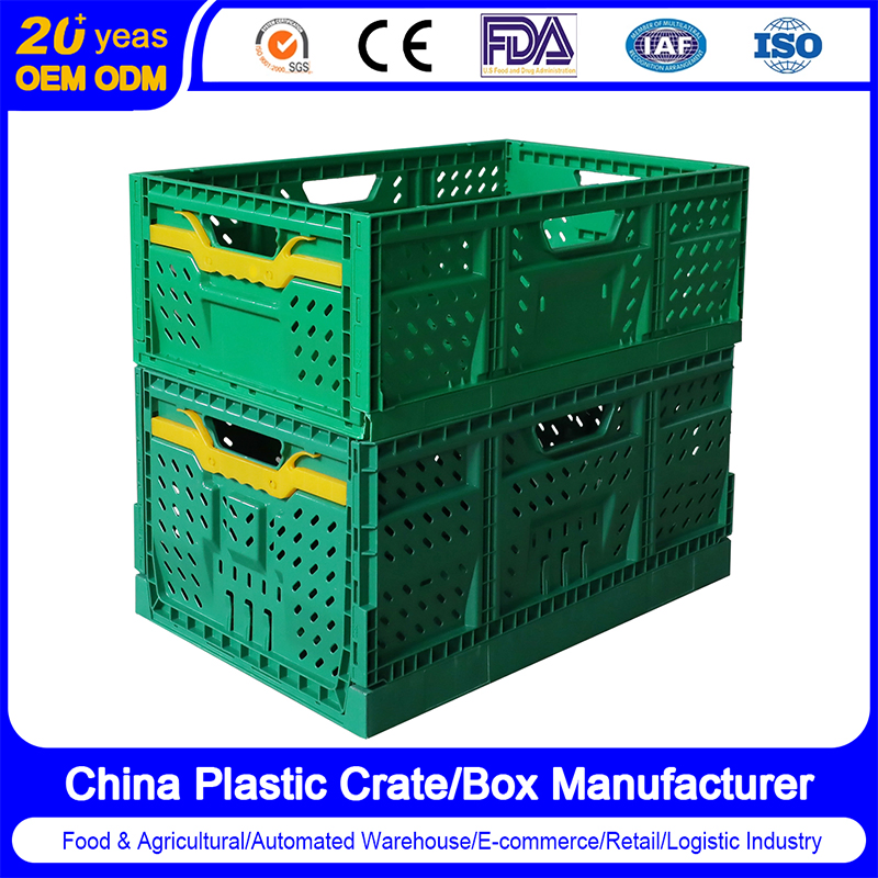 Plastic Foldable Stackable Multifunctional Food Grade Crate for Marketplace/Farm/Logistics Warehousing/Supermarket