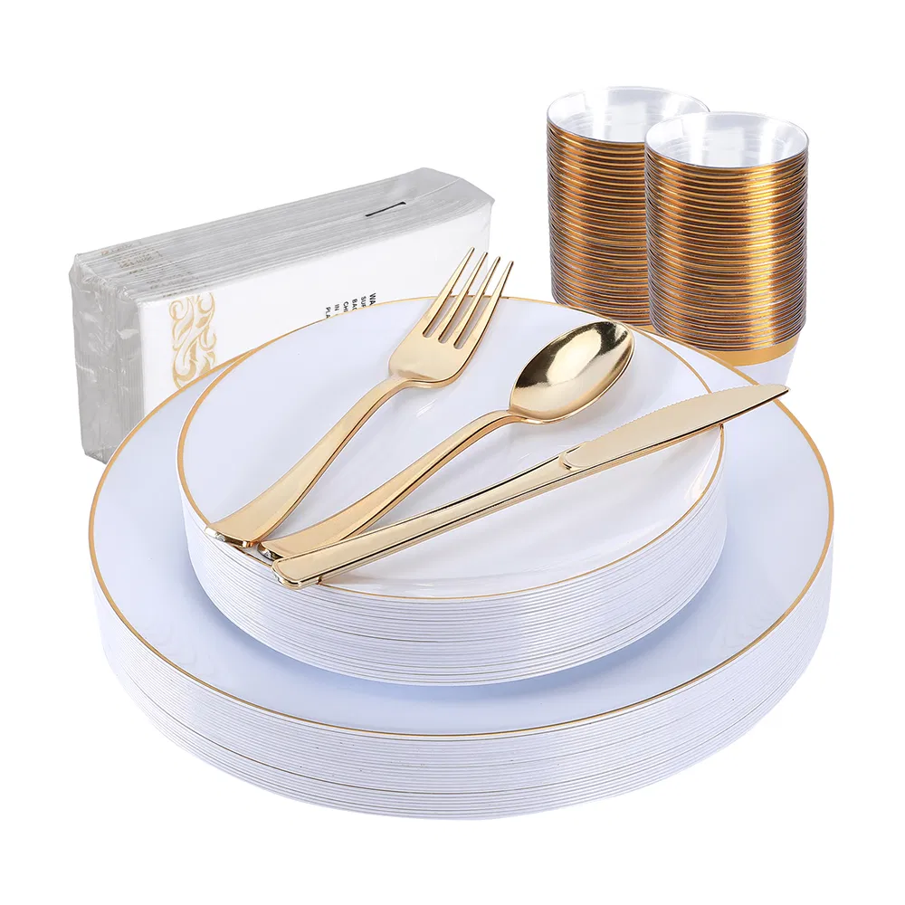 Wedding Party Premium Rose Gold Rim Plastic Plates Disposable Party Heavy Weight Cutlery Set and Disposable Dinnerware Set