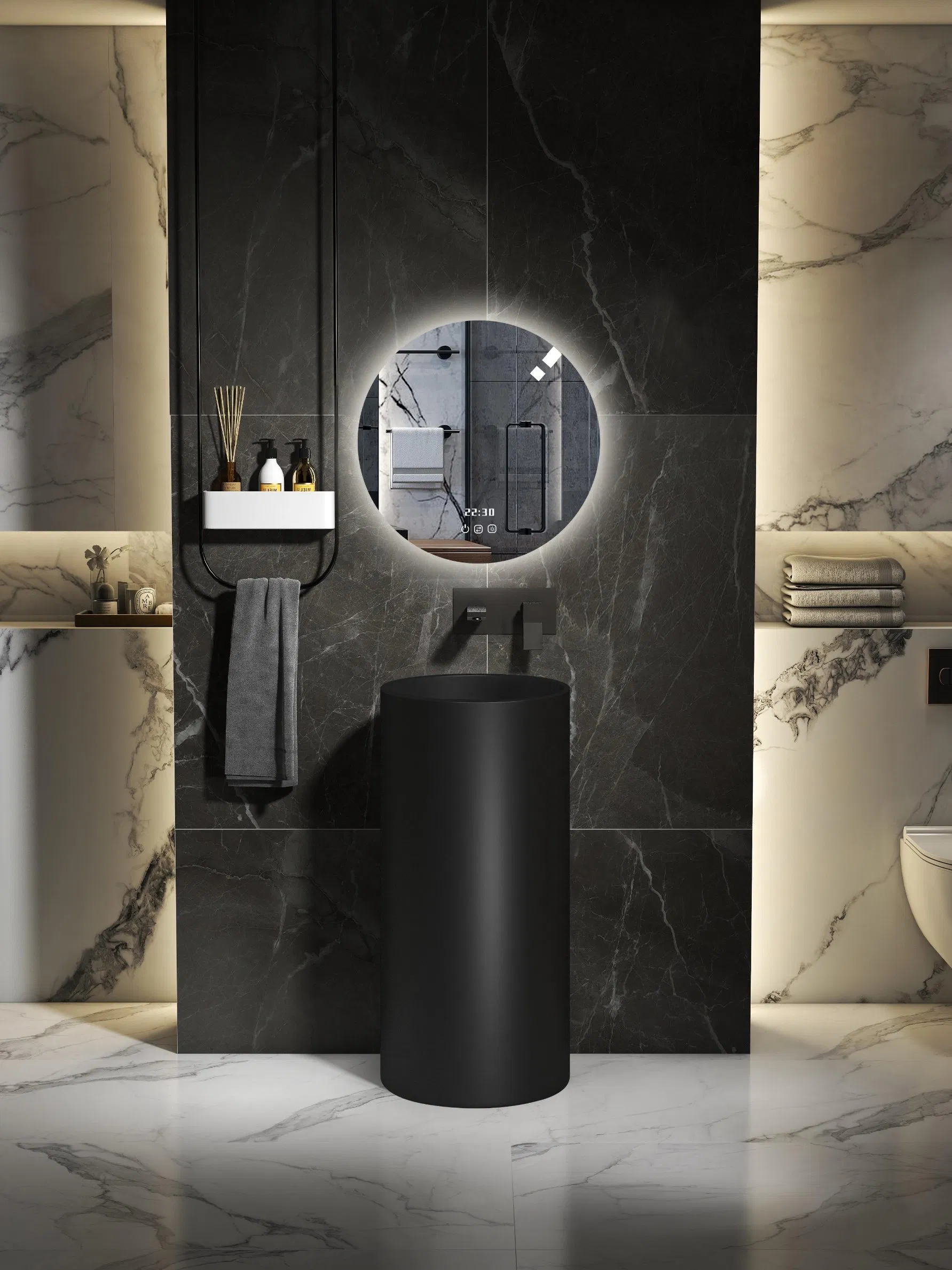 Modern Matte Black Colour Bathroom Solid Surface Pedestal Wash Basin Artificial Stone Freestanding Sink