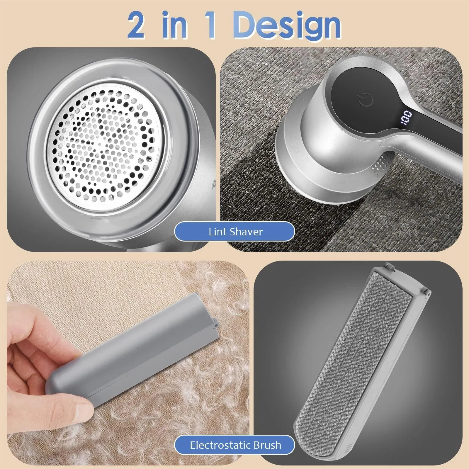 3-Speed Electric Fabric Fleece Shavers Electrostatic Brush LED-Display USB Rechargeable Lint Removers