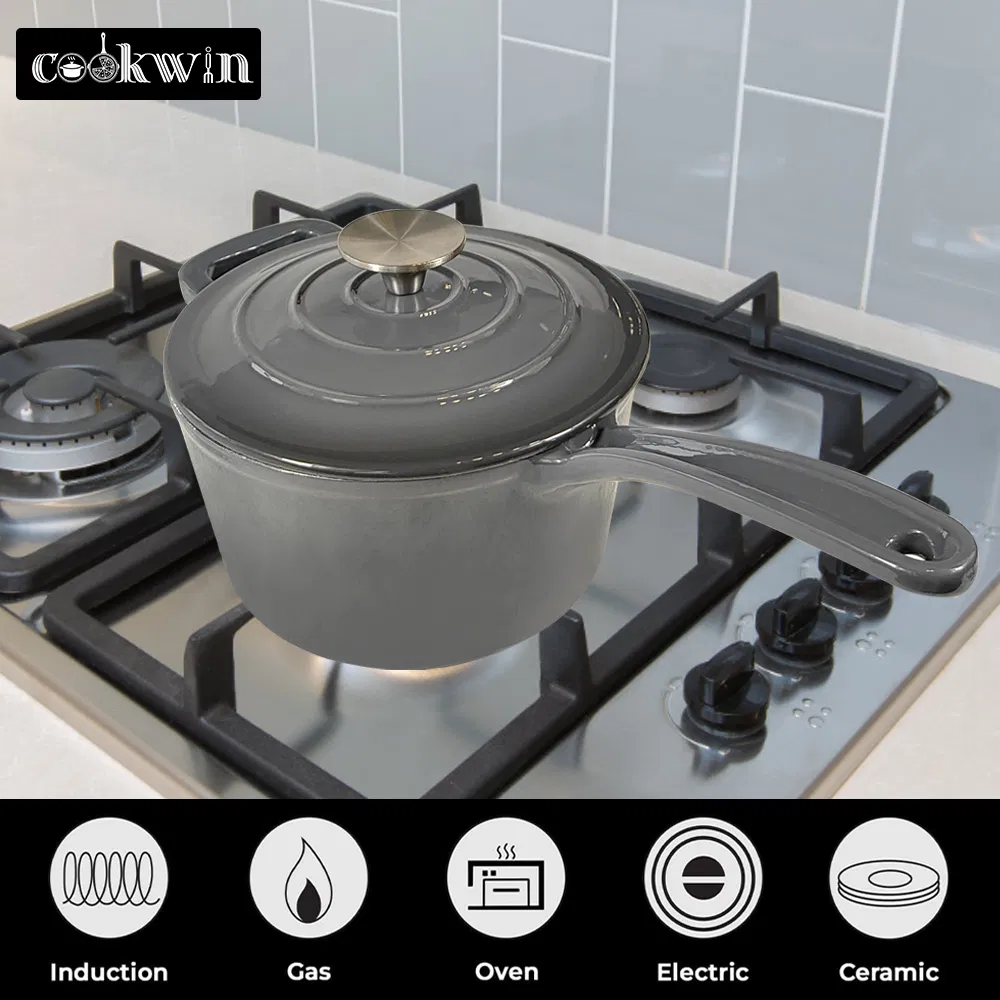 19cm Cast Iron Nonstick Saucepan Kitchen Milk Boiling Pot Enamel Sauce Pan with Lid