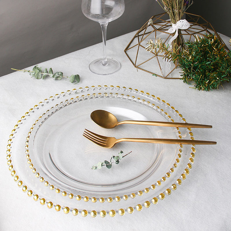 Silver Gold Rim Clear Glass Plates Set for Hotel Dinnerware