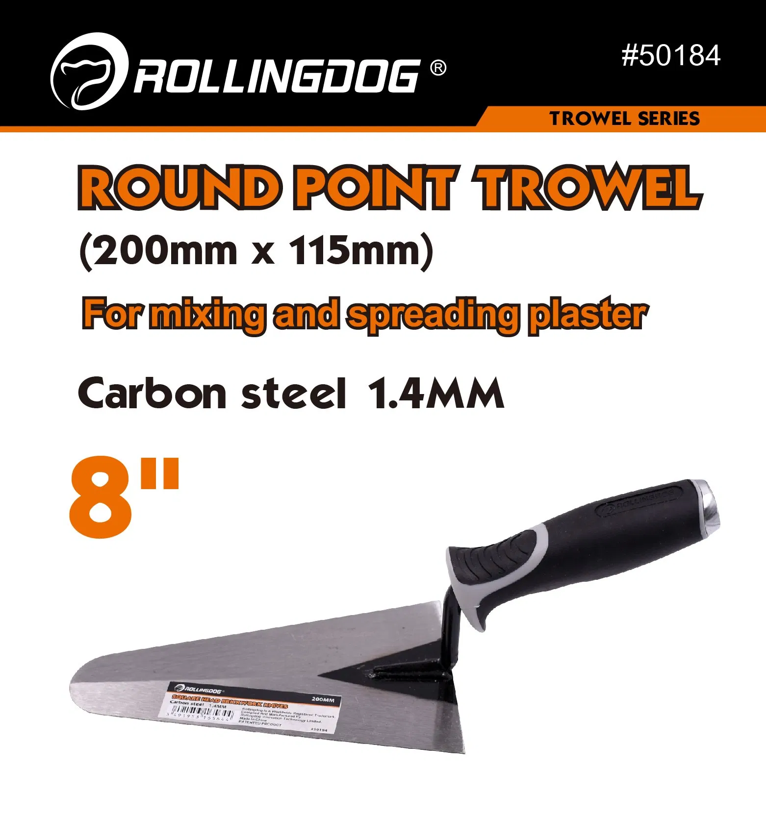 Rolingdog-PRO 50184 8 Inch Round Point Trowel for Mixing and Spreading Plaster