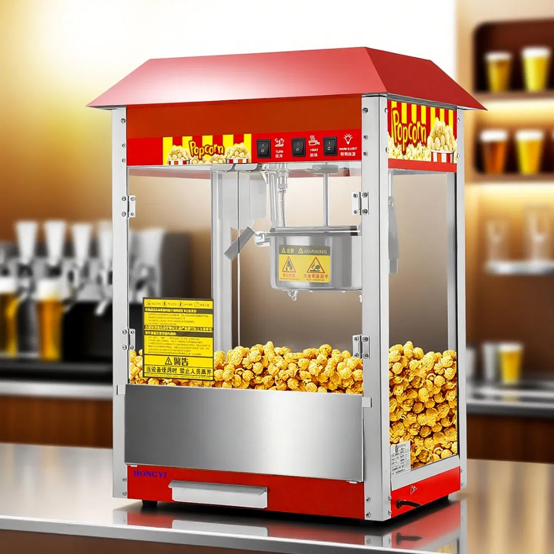 Large-Roof Popcorn Machine with Constant Temperature Control and Large-Capacity Corn Storage Bin.