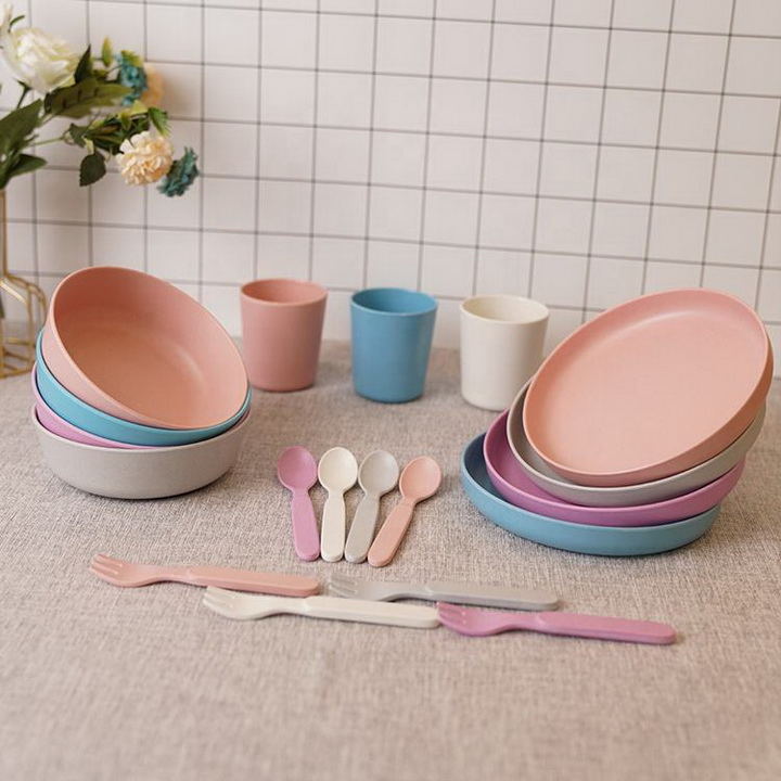 Bamboo Fiber Children Spork Spoon Dinner Plate Cup 5 Pieces Tableware Set