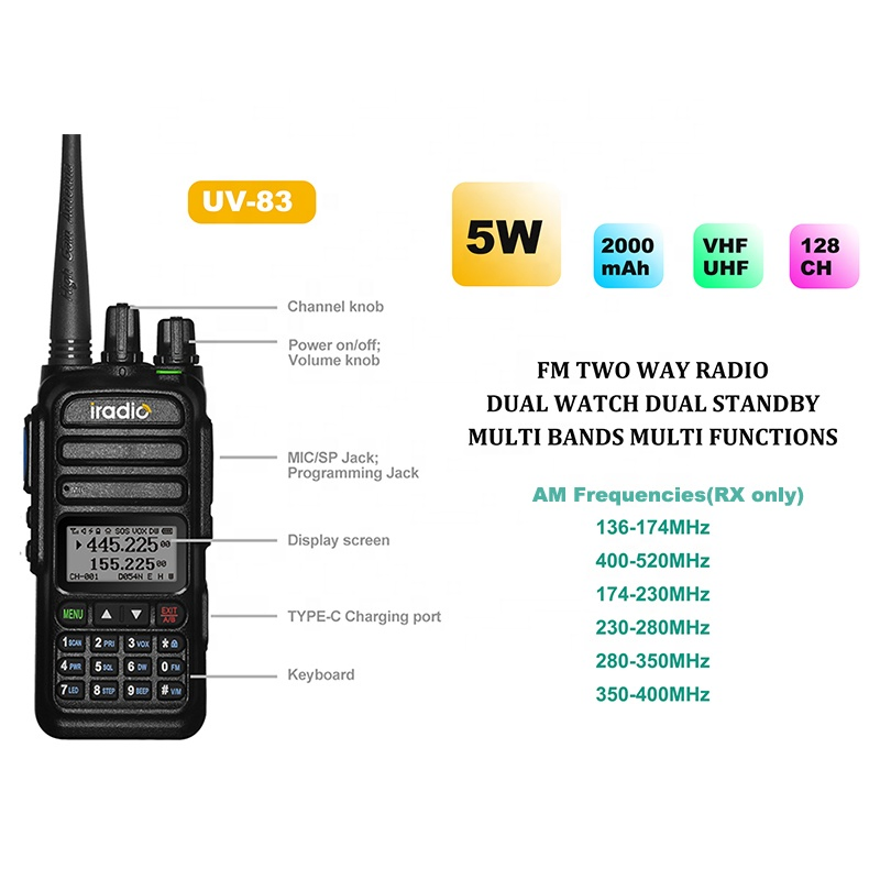 Iradio UV83 Walkie Talkie Two Way Radio Analog VHF/UHF 5W Black