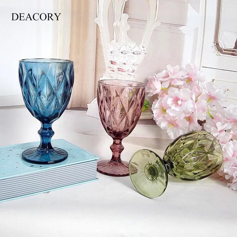 Deacory Blue Gold Pink Brass Colored Wine Goblet Glasses for Wedding
