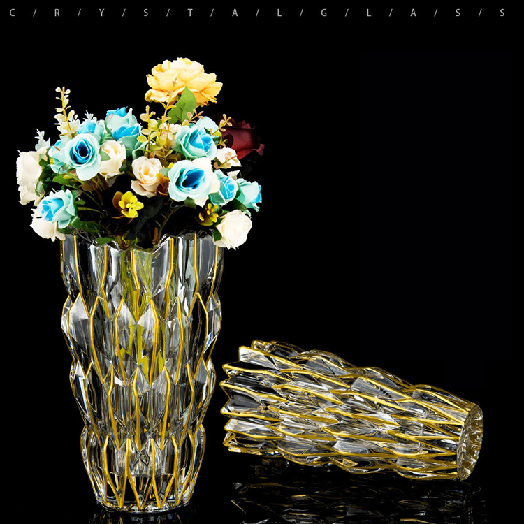 Creative Modern Crystal Flower Glass Vase Living Room Decoration Ornaments Large Flower Vase with Gold Rim