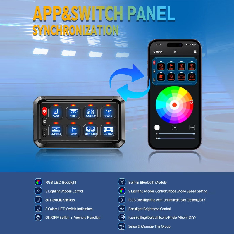 4x4 Bluetooth Control Switch Panel 8 Gang Auxiliary APP