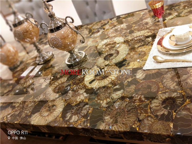 Luxury Villa Decor European Style Italian Custom Round Rectangle Brown Ammonite Sea Shell Fossil Nautilus Gemstone Dining Countertop