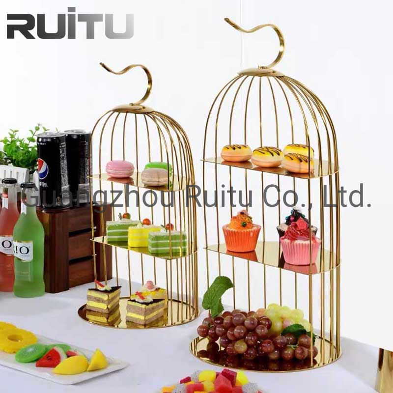 Afternoon Tea Tools LED Colorful Light Buffet Risers Gold Metal Wire 3 Tier Glass Platter Crystal Dessert Display Stand Decorating Hanging Bird Cage Cake Stand