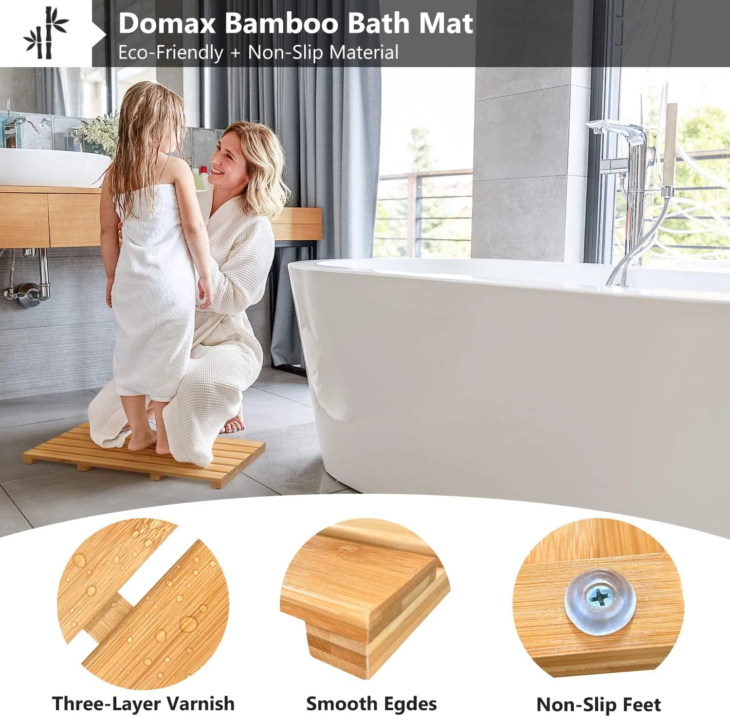 Bamboo Shower Mat with Large Waterproof Bath