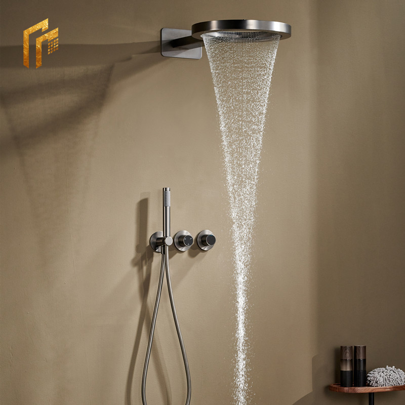 Factory Direct Price Luxury Bathroom Brass Gun Gary Rain Waterfall Concealed Wall Mounted Mixer Bath Rain Shower Faucet Set