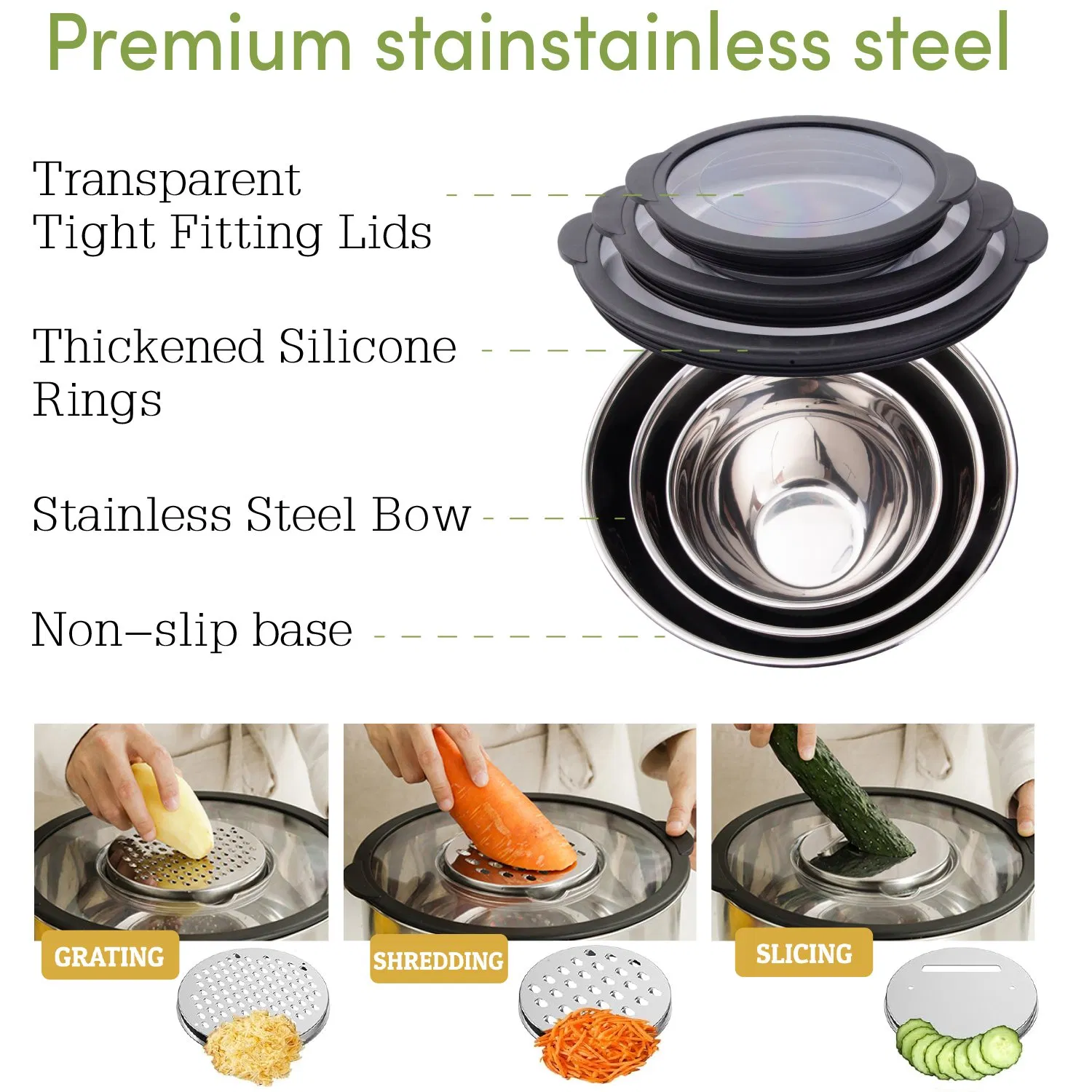 Non Slip Silicone Base Set of 3 Stainless Steel Salad Spinner Mixing Bowls with Lid Set for Home Kitchen Salad