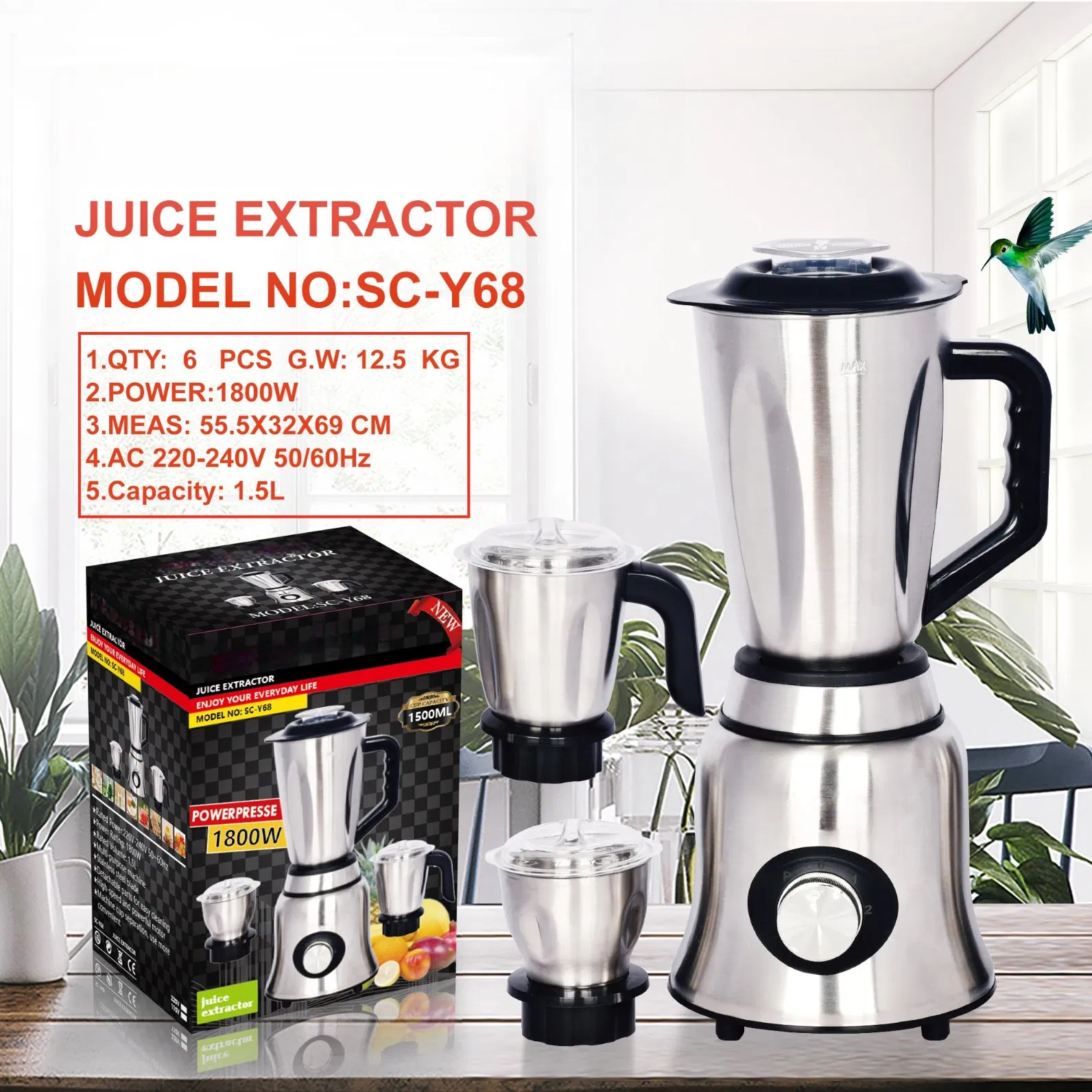 Portable 3-in-1 Masticating Juicer and Blender 1.5L Stainless Steel Grinding Jar - Perfect for Outdoor Adventures