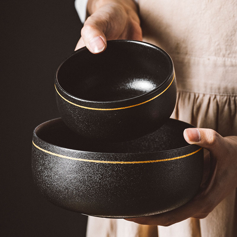 Tableware Soup Bowls Matte Round Golden Line Ceramic Black Ceramic Bowls