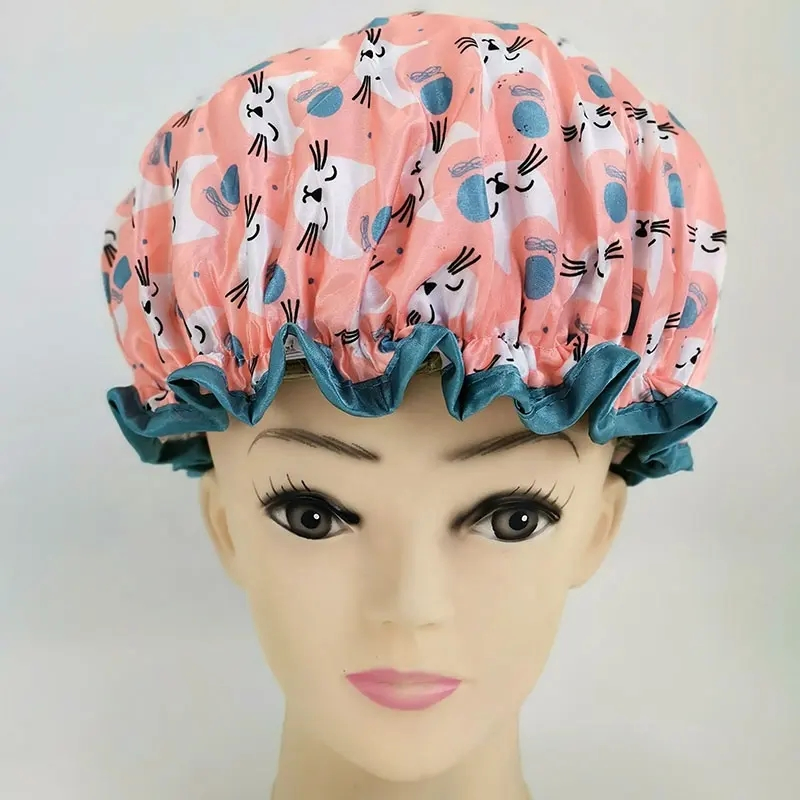 White Cats Luxury Flower Printing Satin Shower Caps Custom Logo Available