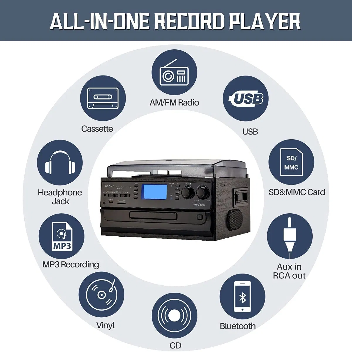 10-в-1 виниловый проигрыватель с Bluetooth, CD и кассетой