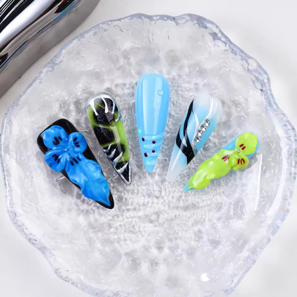 New Design 10PCS Blue Flower Acrylic Stiletto Handmade Press on Nails