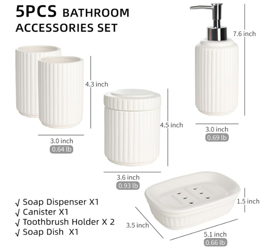 5PCS Classic Design White Ceramic Bathroom Accessory Set
