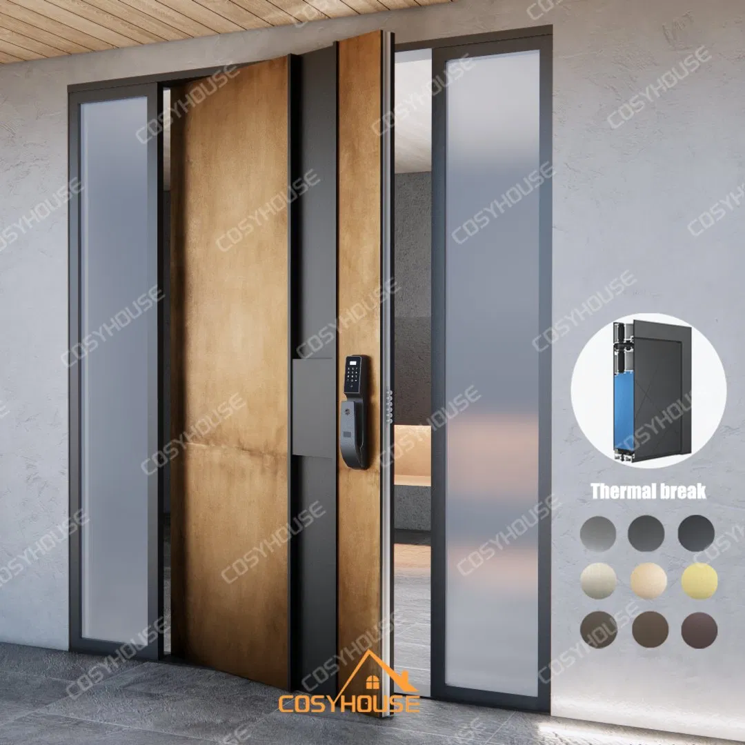 European Style Aluminium Pivot Entry Doors Modern Aluminum Wood Door with Two Sidelights Large Main Front Entry Door