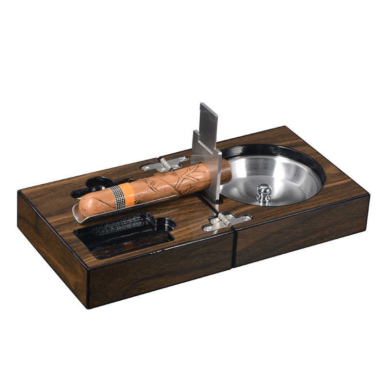 Wooden Cigar Ashtray Set with Cigar Cutter and Punch Ez29788