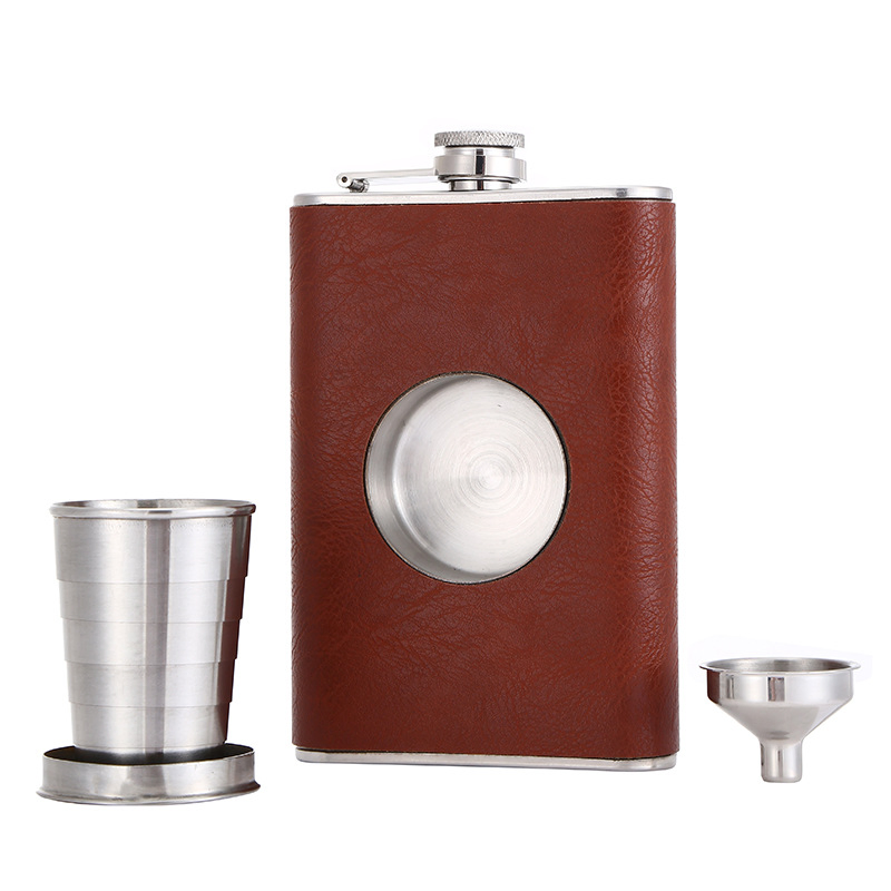 Stainless Steel Wine Pot with Leather Outdoor Metal Telescopic Cup Hip Flask