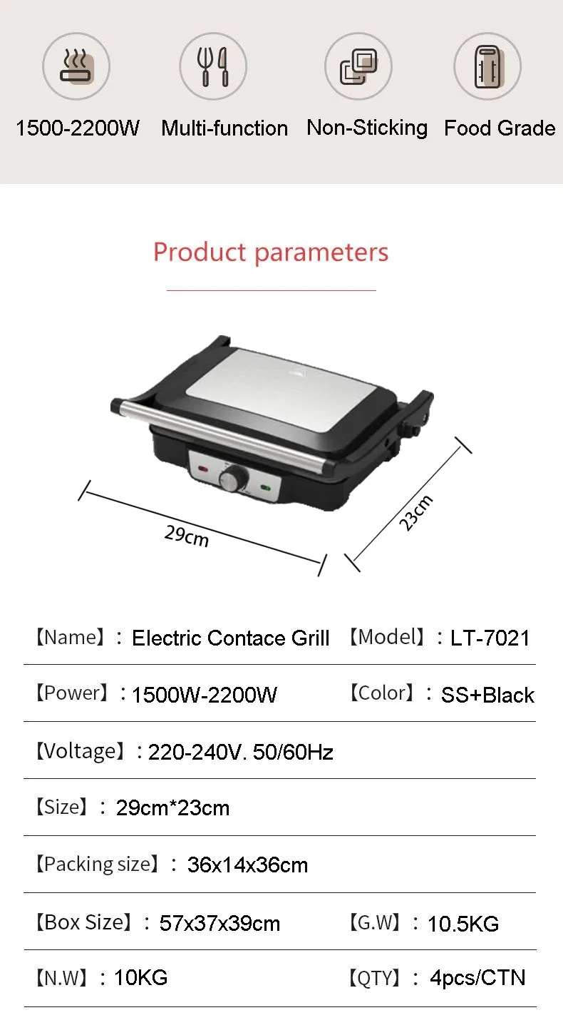 Raf-2200W Double Heating Double Contact Grill Griddles Electric Sandwich Maker Contact Steak Grill Waffle Maker