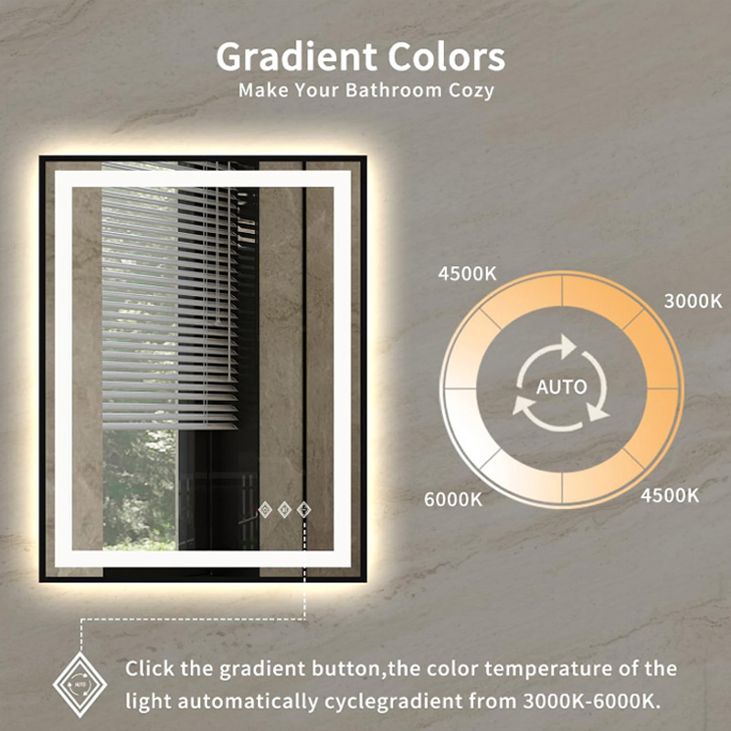 Color Temperature Wall Mounted Rectangle Hotel LED Mirrors with Defogger Bathroom LED Mirror