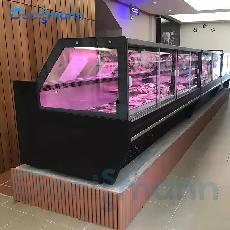 Commercial Supermarket Delicatessen Display Glass Door Chiller Meat Chiller Fridge Butcher Service Counter