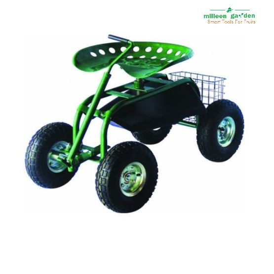 Swivel Seat and Utility Basket Garden Cart Rolling Scooter with Extendable Steering Handle
