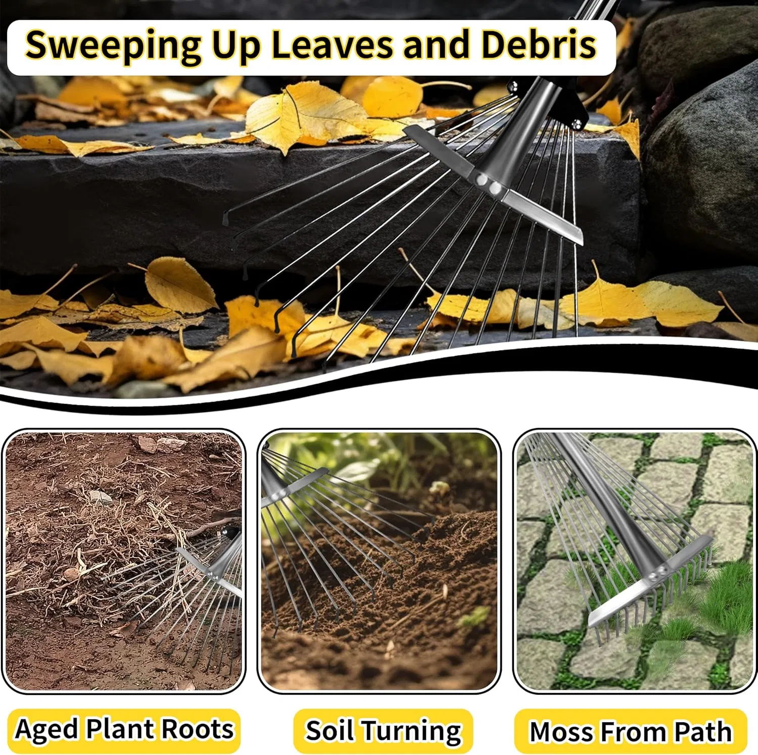 Garden Rake for Leaves Heavy Duty Metal Adjustable Leaf Rake for Lawns Garden Tools for Yard Lawn Shrub Garden