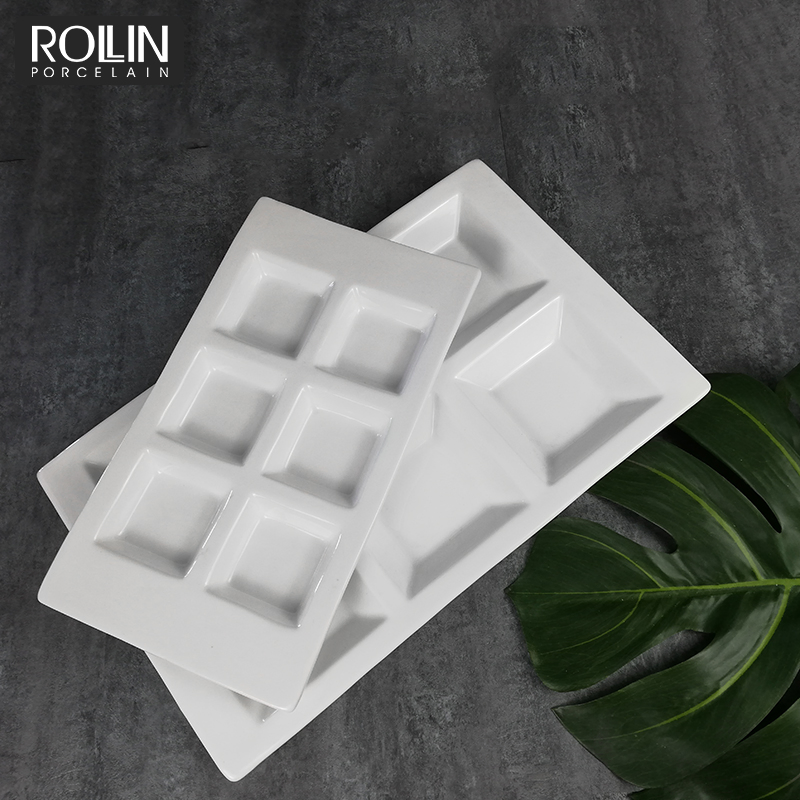 White Porcelain Divided Plates Porcelain Rectangular Snack Plate
