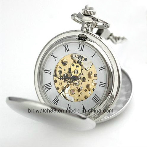 OEM Engraved Silver Mechanical Skeleton Pocket Watch with Chain
