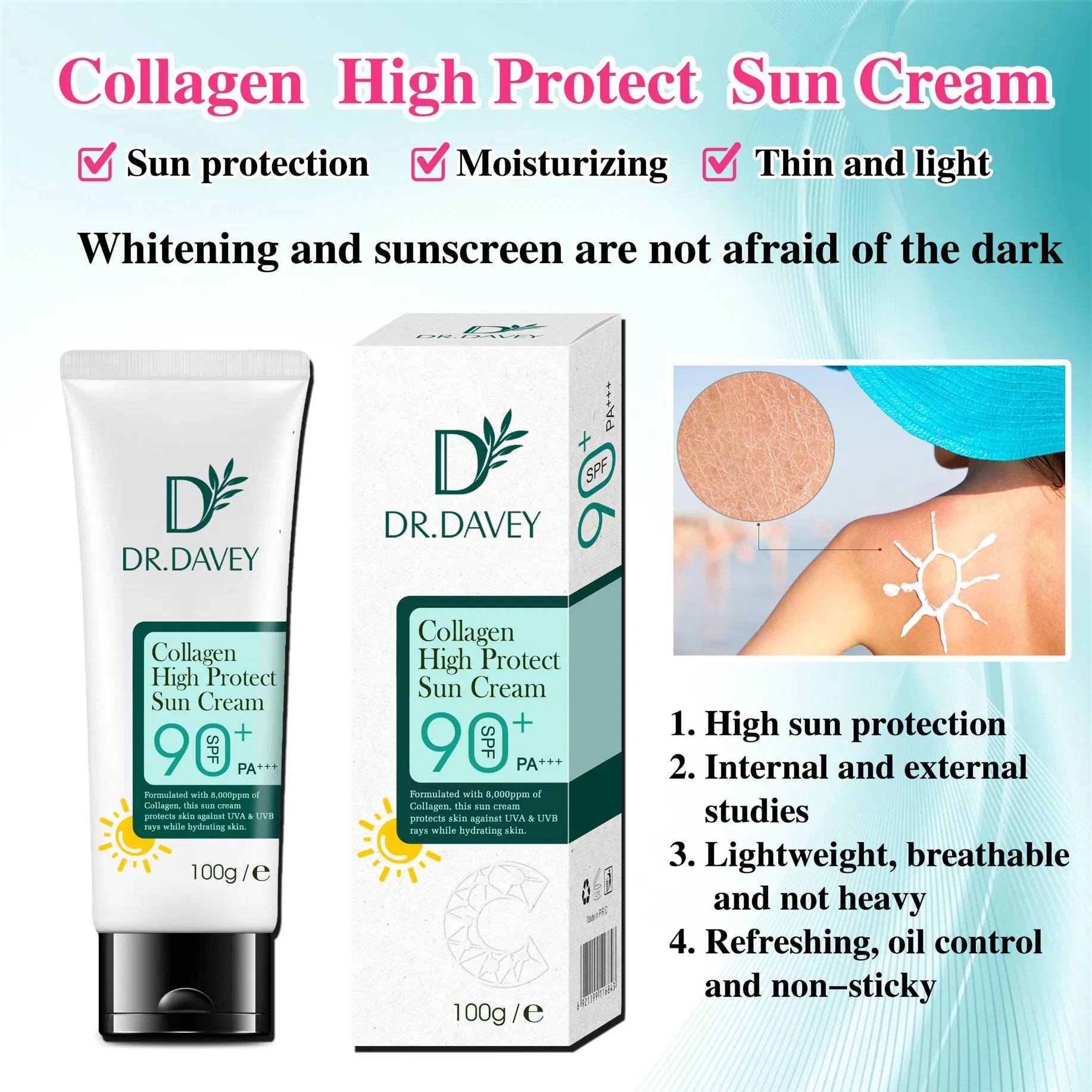 Roushun Dr. Davey SPF90 Collagen Whitening Sunscreen Private Label Protective Sun Cream