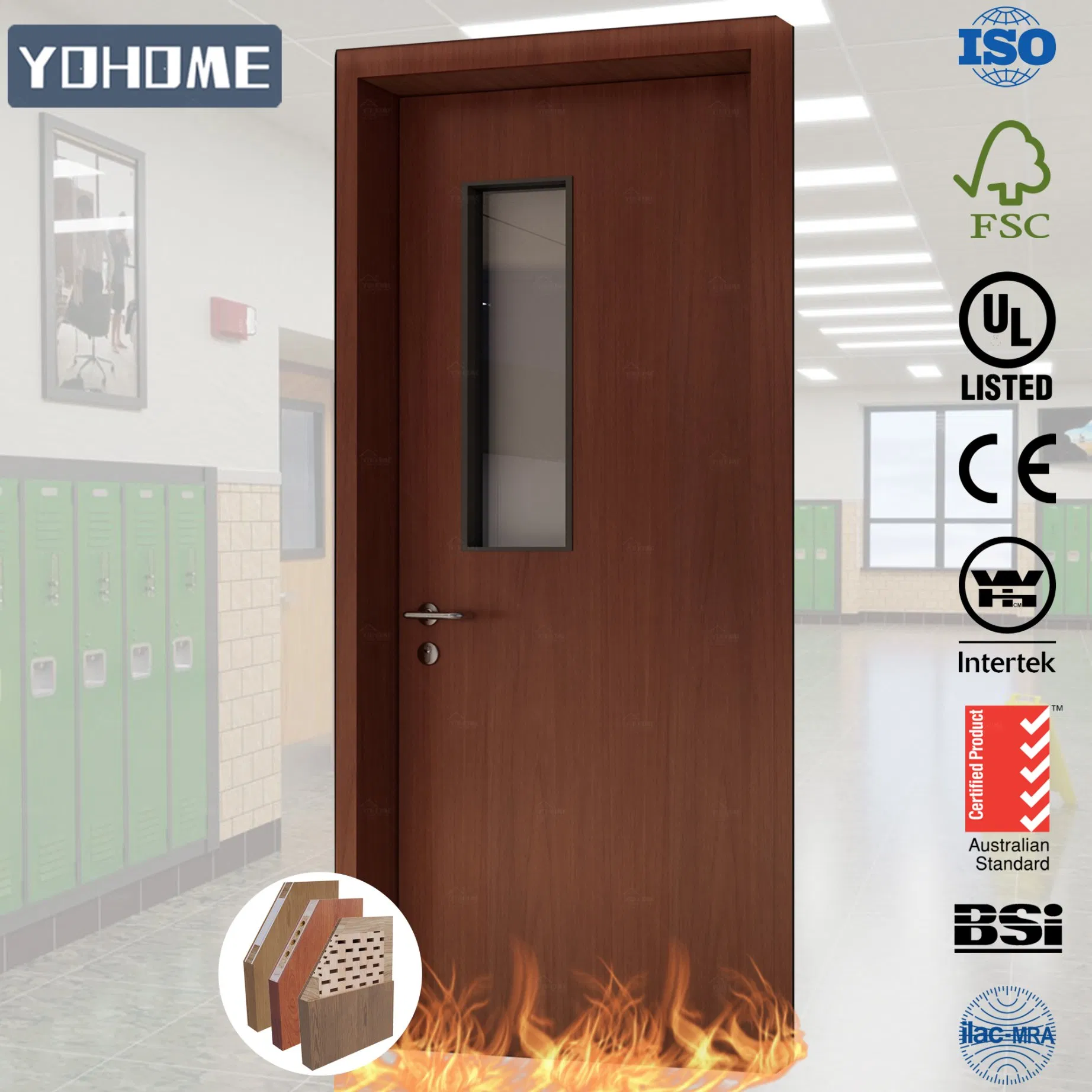 EU Swiss France Italy Germany UK Standard Fire Door Fire-Resistant Wooden Doors School Classroom Door with Top Panel Glass