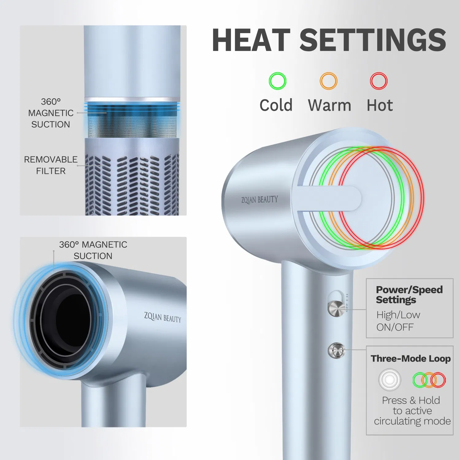 Low Noise High-Speed Brushless Motor Negative Ionic Blow Dryer Fast Drying Thermo-Control Hair Dryer