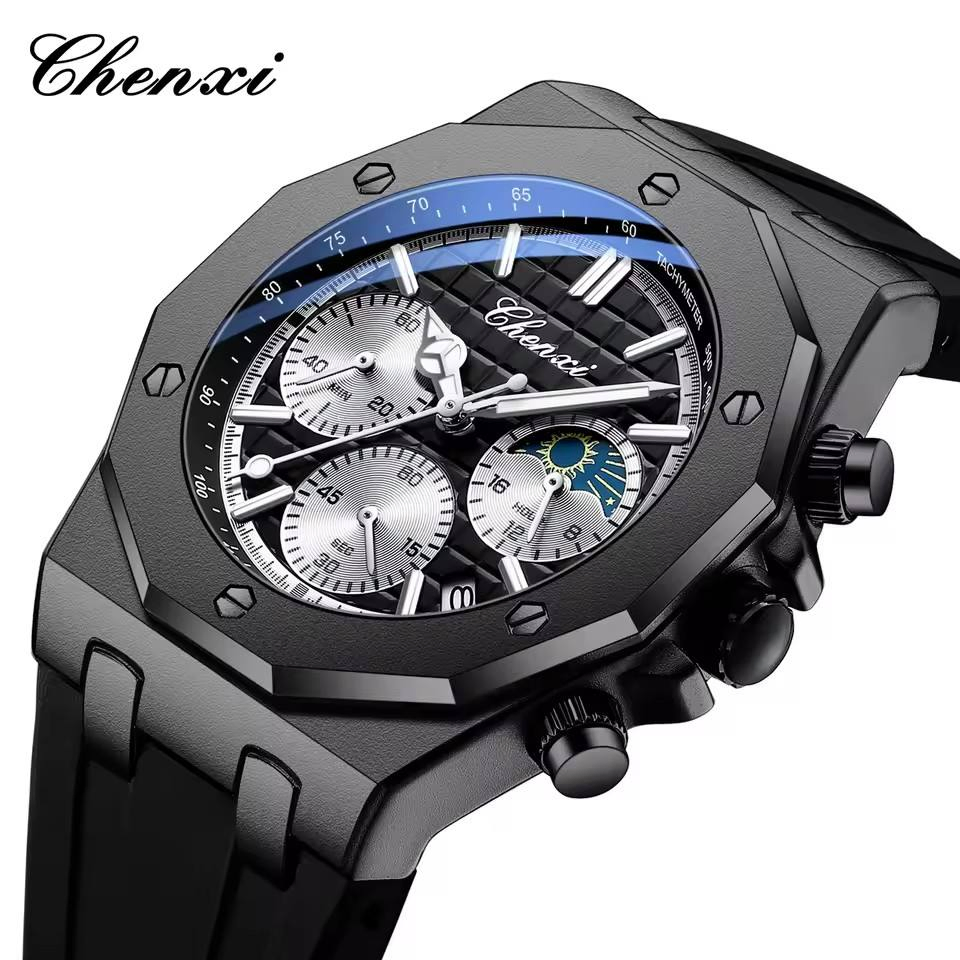 Men's Multifunction Quartz Watch Three Eyes Six Needles Silicone Strap Calendar Waterproof