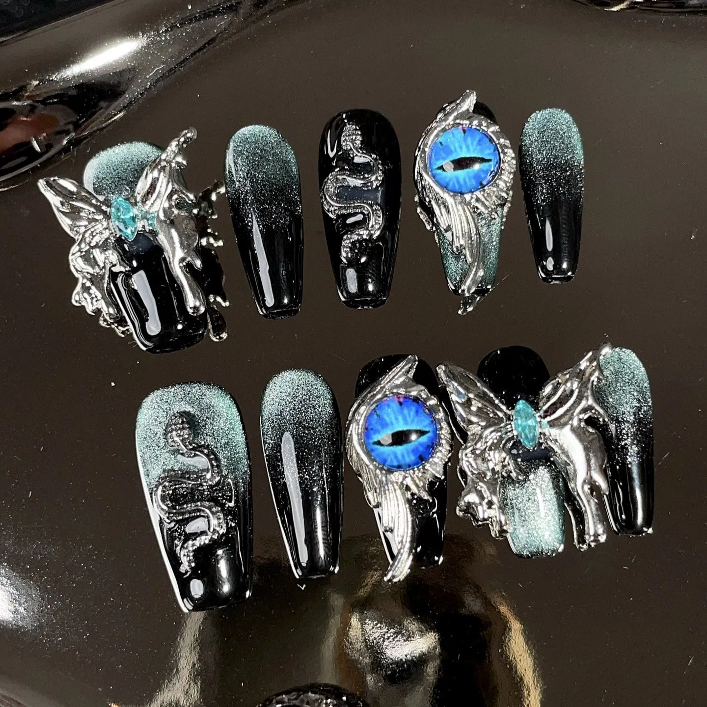 Handemade Press on Nails Snake Blue Eyes Butterfly Diamond Punk Style