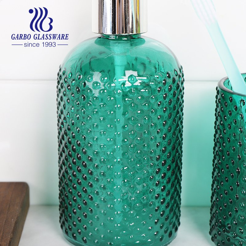 Green Glass Bathroom Set of Lotion Bottle Brush Tumbler Soap Dish