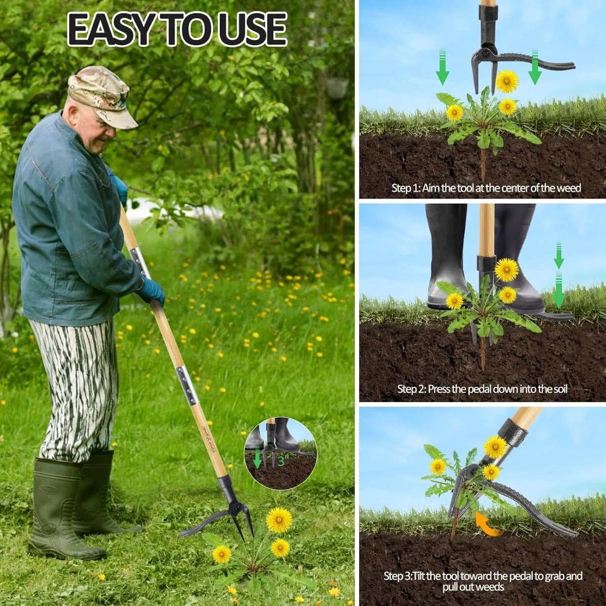 Real Bamboo & 4-Claw Steel Head Weed Puller Tool for Lawn/Yard