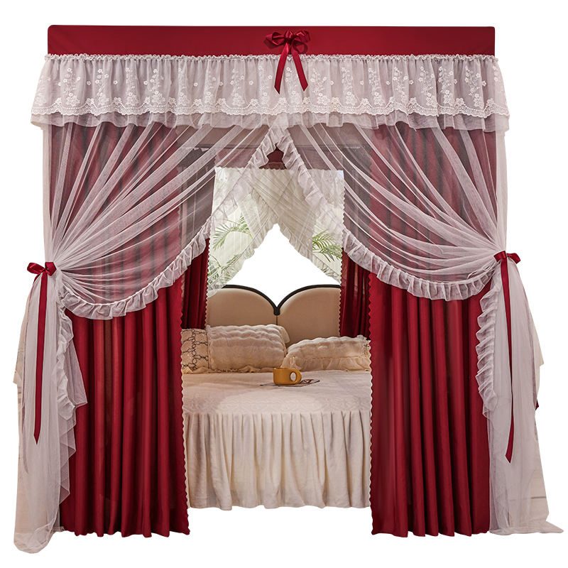 Luxurious Palace Foldable Mosquito Nets for Bed Double Lace Embroidery Lace 4 Door Double Cloth Curtain Bed Curtain Mosquito Net